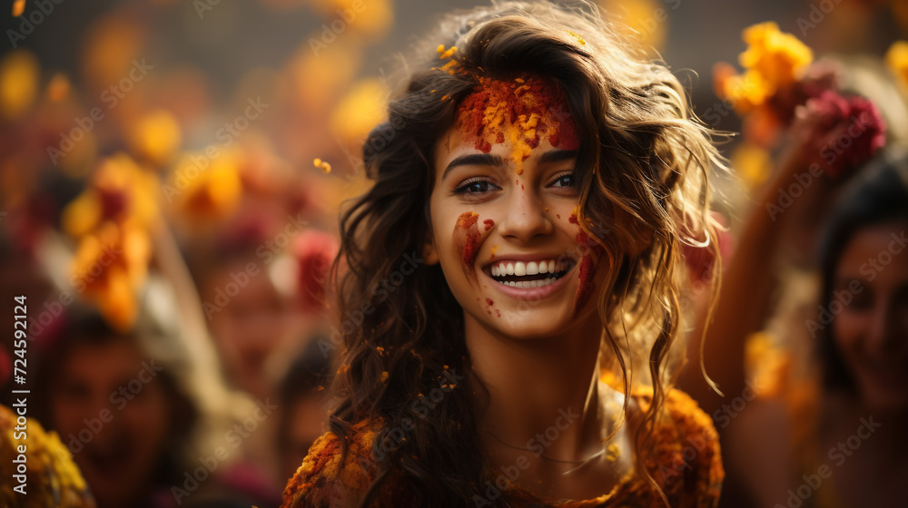 Happy Indian woman enjoying the Holi festival with color powder. selective focus, selective focus on subject, background Blur,