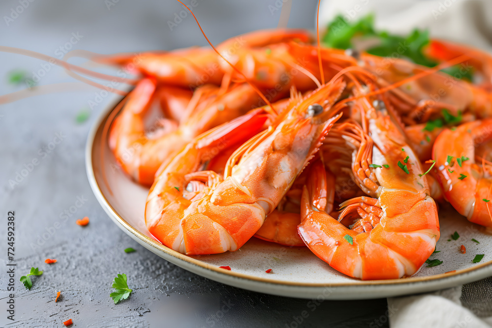Boiled wild tiger shrimps close-up on a plate Boiled wild tiger shrimps close-up on a plate
