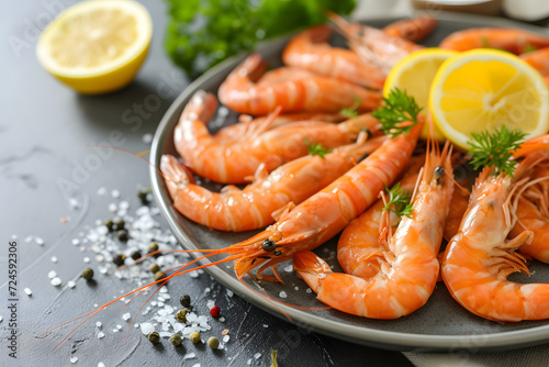 Boiled wild tiger shrimps close-up on a plate 