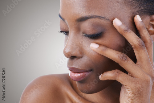 Nails, beauty and black woman closeup with skincare and manicure in studio background, mockup or salon. Facial, makeup and model with natural glow on skin and hand from cosmetics or dermatology photo