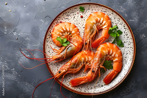 Boiled wild tiger shrimps close-up on a plate 