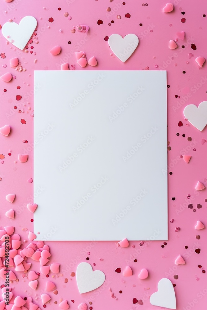 White close up valentine card among heart-shaped confetti on a pastel pink background. Concept of love letters for valentine's day, love anniversary wedding with copyspace.