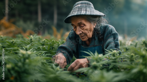 Old Woman in Hat Picking Plants