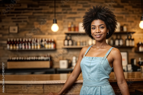 La Barista Afro e il Suo Sorriso Luminoso nel Bar Esclusivo photo