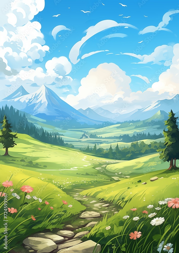 custom made wallpaper toronto digitalSummer Mountains Meadows. Children's book illustration in cartoon style.