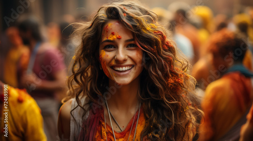 Portrait of young Indian face in paint Woman in traditional indian pink outfit with jeweler celebrating Holi color festival.girl with black hair with bindi on the head and snow-white smile photo