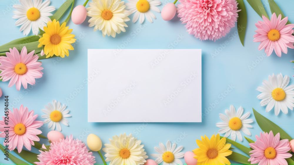 White Paper Surrounded by Pink and Yellow Flowers on a Blue Background