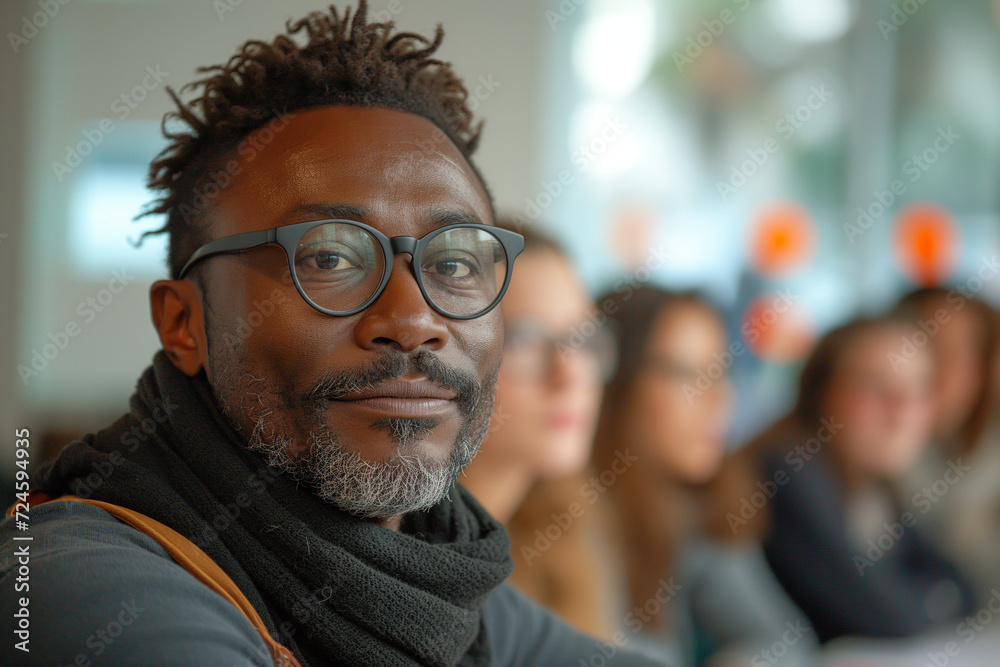 Portrait d'un collaborateur heureux et épanoui au travail dans une équipe diverse, diversité en entreprise Portrait d'un collaborateur heureux et épanoui au travail dans une équipe diverse, diversité en entreprise