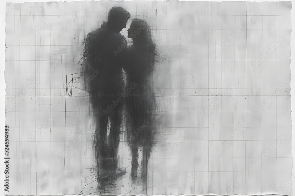 Simple chalk drawing depicting a man and a woman hugging on white paper.