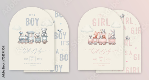 Cute baby shower watercolor arch invitation card with plush toys sitting in a toy train. Oh baby calligraphy.