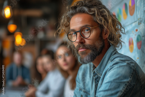 Portrait d'un homme concentré pendant une réunion avec l'ensemble de l'équipe, vie quotidienne de la vie d'une entreprise photo