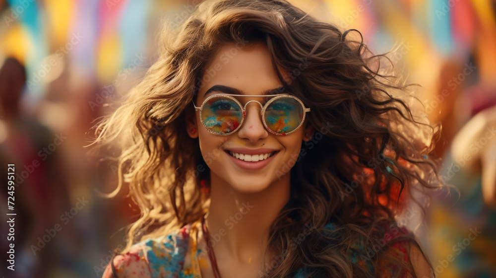 Portrait of young Indian face in paint Woman in traditional indian pink outfit with jeweler celebrating Holi color festival.girl with black hair with bindi on the head and snow-white smile