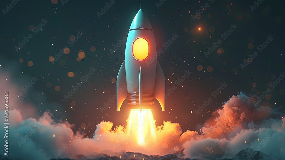 Dramatic depiction of a rocket blasting off into a starry sky, with ...