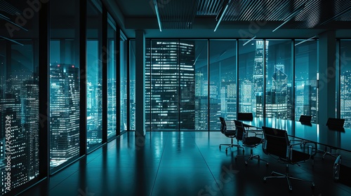 Sleek corporate boardroom with panoramic view of a bustling cityscape illuminated at night.
