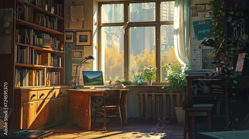 A warm, sunlit home office featuring a comforting atmosphere with a view of autumn foliage outside the window.