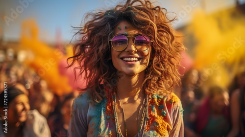 Portrait of young Indian face in paint Woman in traditional indian pink outfit with jeweler celebrating Holi color festival.girl with black hair with bindi on the head and snow-white smile