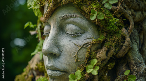 Statue of a Womans Face Covered in Moss