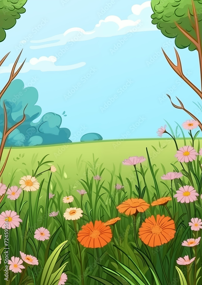 Obraz premium Summer Meadow with Flowers . Green grass and colorful flowers natural backdrop. Children's book illustration in cartoon style.