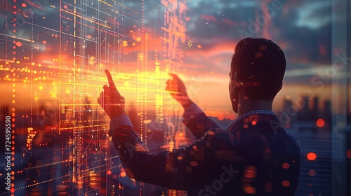 A businessman analyzes complex data visualizations on a transparent screen against a backdrop of a city at sunset, illustrating strategic decision-making.