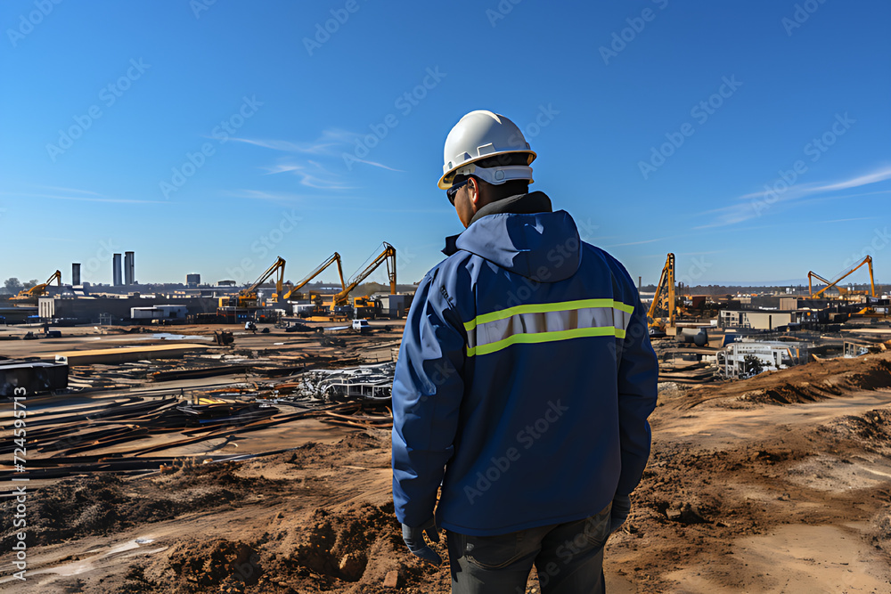 Architect in his work uniform standing on construction site to check building progress, daytime, bright blue sky with white clouds. Architect in his work uniform standing on construction site to check building progress, daytime, bright blue sky with white clouds.