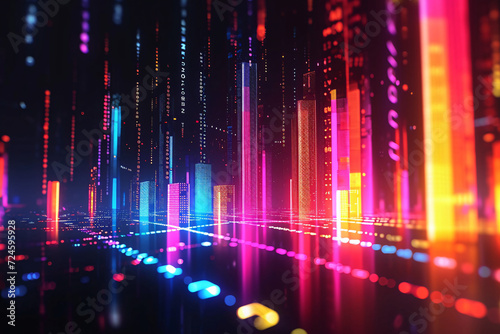 Neon light trails in digital abstract city