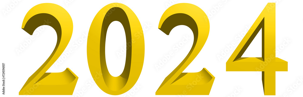Concept or conceptual 2024 year made of yellow font isolated on white background. An abstract 3D illustration as a metaphor for future and hope, business, prosperity, holiday, joy and happiness Concept or conceptual 2024 year made of yellow font isolated on white background. An abstract 3D illustration as a metaphor for future and hope, business, prosperity, holiday, joy and happiness