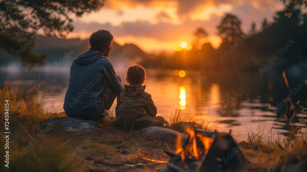 Camping by serene lake at golden hour sunset Camping by serene lake at golden hour sunset