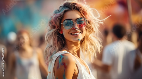 Beautiful young girl woman dance enjoy Multicolored smoke bombs cloud of dry color Holi powder colour gulal abeer event in spring break in the park Holi festival of color