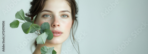 Close-up portrait of a woman with green leaf of eucalyptus. Banner with copy space on a light background. Skincare and natural beauty concept. Design for poster, cosmetic advertising