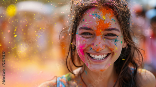 Face of woman with coloured powder at Holi Festival