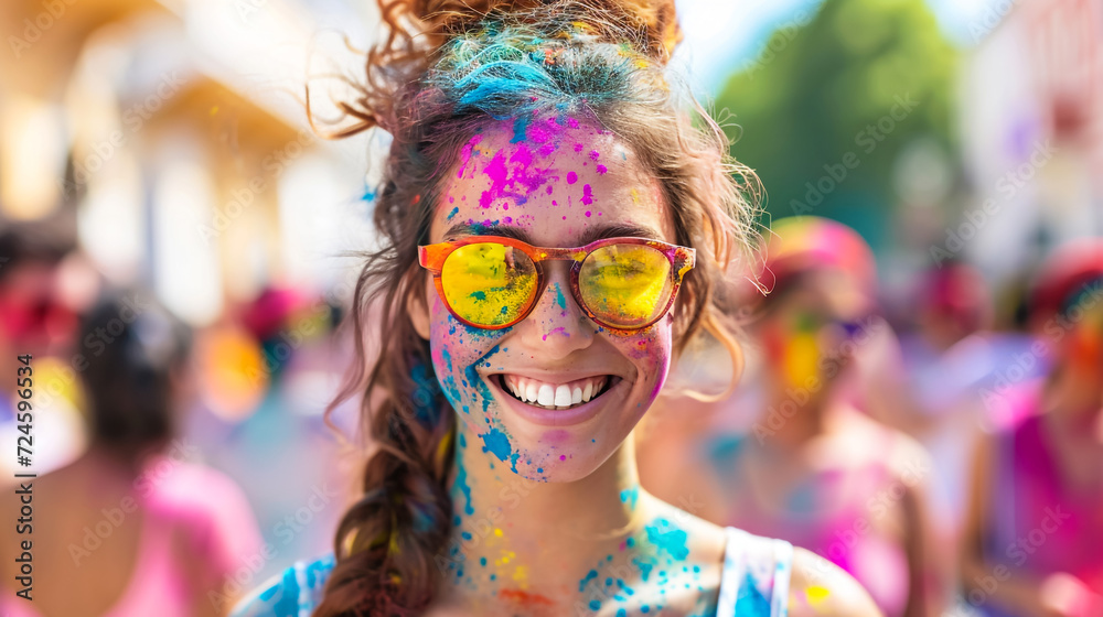 Face of woman with coloured powder at Holi Festival