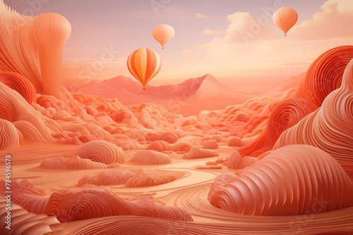 Illustration of pink hot air balloons flying over the pink desert at sunset