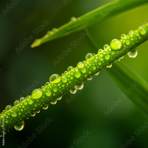 Close-up of a vibrant green plant stem with fresh dew drops
