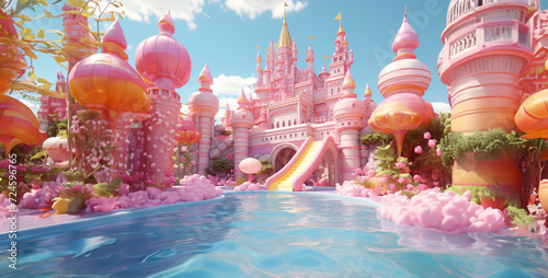 Cute cartoon princess castle isolated, princess castle, fairy tale castle, Cute cartoon pink and white color scheme castle