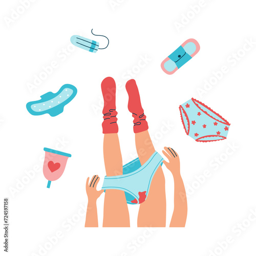 A woman shows her panties covered in menstrual blood. Choosing feminine disposable and reusable protective hygiene products during menstruation. First monthly cycle. Isolated vector illustration