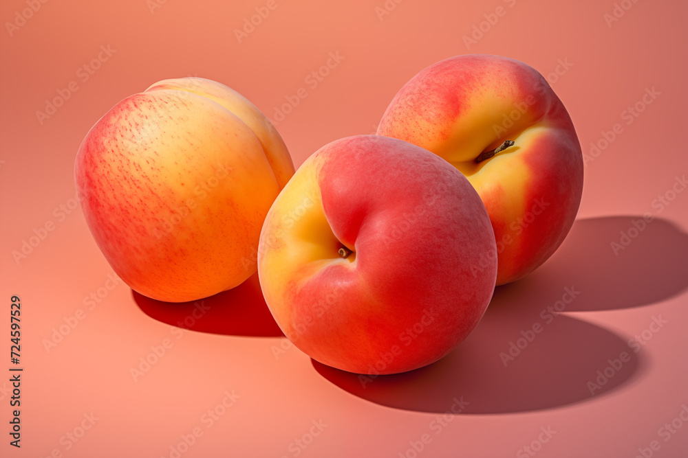 Three ripe peaches on a pink background with hard shadows. Three ripe peaches on a pink background with hard shadows.