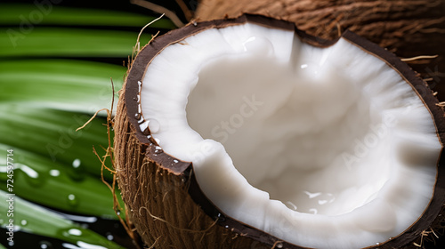 Coconut with water drops on dark background, close-up