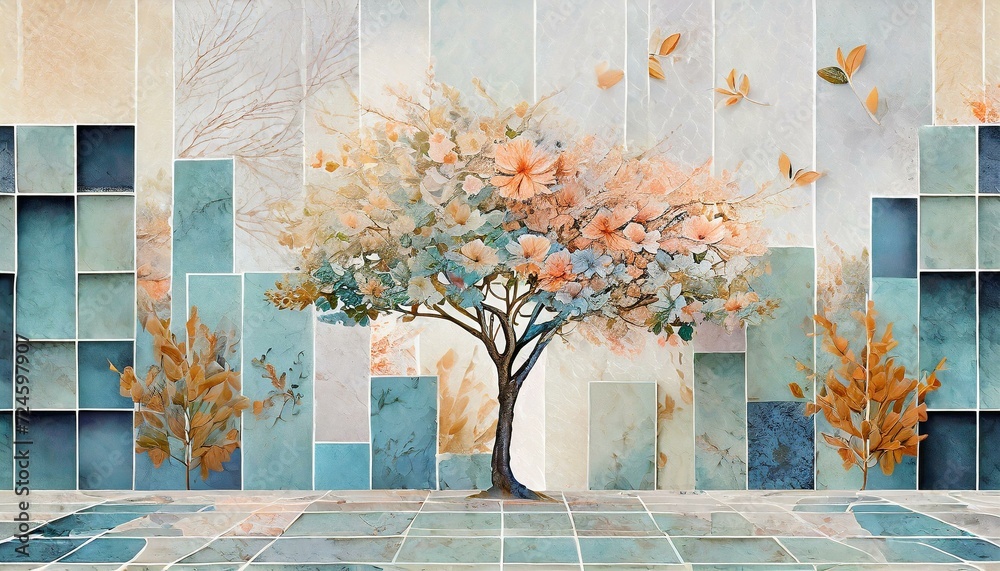 Abstrakcyjna tapeta z drzewem roślinami i tłem z figur geometrycznych - obrazy, fototapety, plakaty 