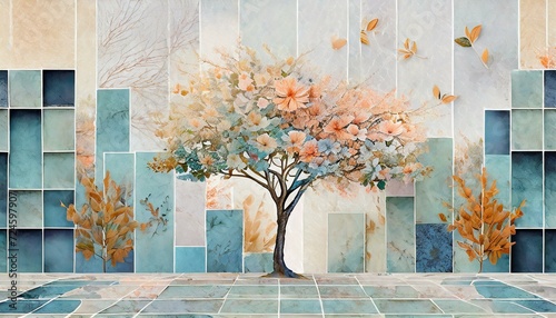 Abstrakcyjna tapeta z drzewem roślinami i tłem z figur geometrycznych photo