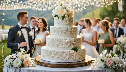 Weselny tort stojący na stole. W tle młoda para i goście weselni bawiący się na przyjęciu photo