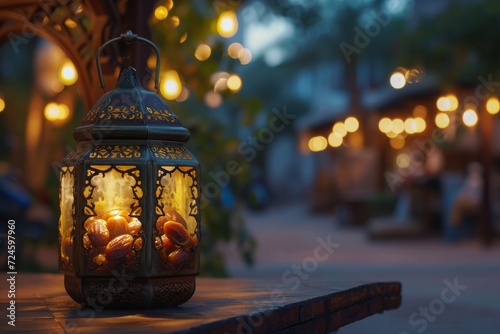 A beautifully designed lantern is placed on a wooden surface beside a tree © Suhardi