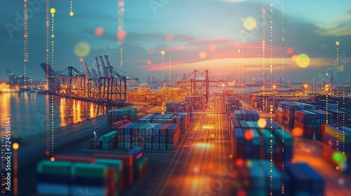 vue aérienne d'un terminal portuaire pour le transport maritime mondial des conteneurs au soleil couchant