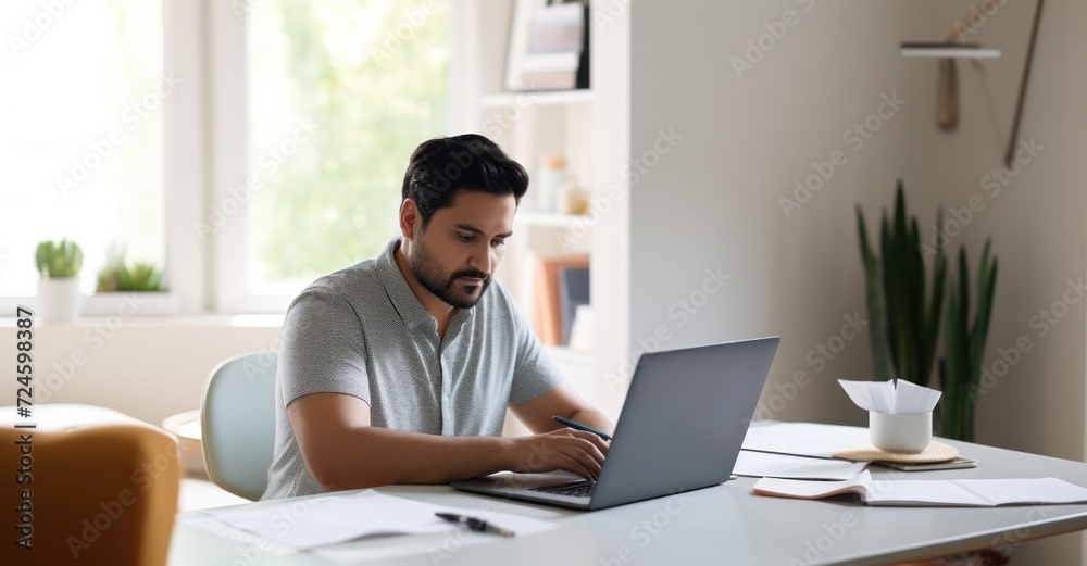 Professional working remotely in a well-organized home office, showcasing hybrid work flexibility. Professional working remotely in a well-organized home office, showcasing hybrid work flexibility.