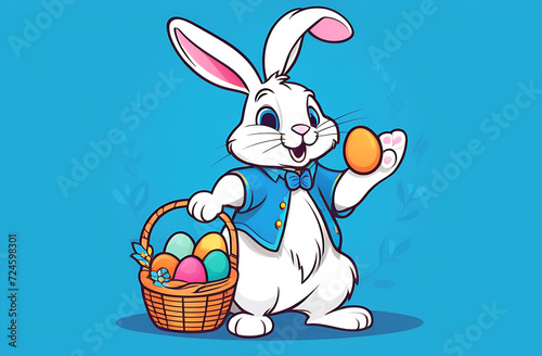 A cute white rabbit in a denim shirt holds a colored egg in one paw and a basket of colorful eggs in the other.
