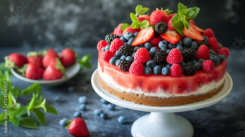 healthy watermelon fresh sugar free cake with mixed berries on a cake stand for birthdays and celebration as wide banner with copy space, generative ai