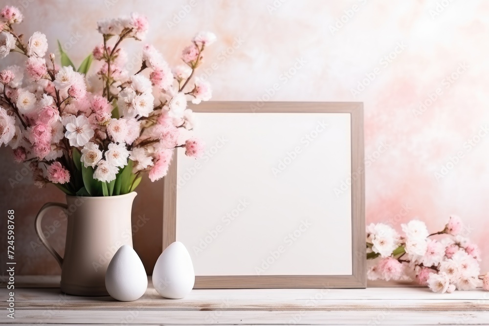 wooden frame on the table decorated for Easter. ai generated wooden frame on the table decorated for Easter. ai generated