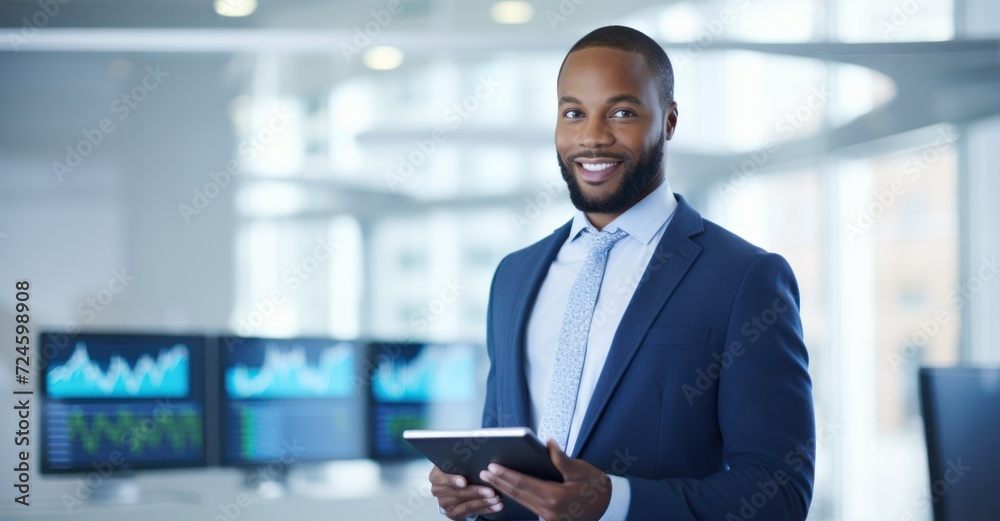a young investor standing in front of a large digital screen displaying live stock market charts a young investor standing in front of a large digital screen displaying live stock market charts