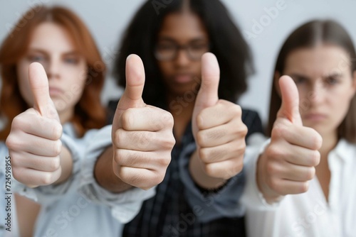 Group of disappointed young multiethnic people give thumbs down, hands in closeup. Diverse business team shows dislike of bad work results. Multiracial corporate HR managers say no and refuse a person
