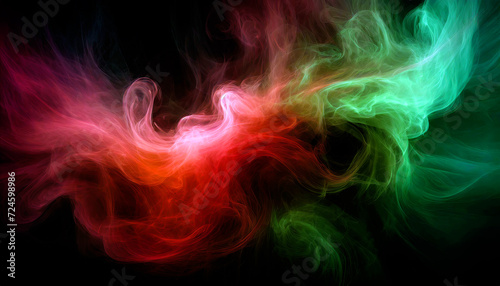 Red and green colorful smoke flowing on black background AI generated image.