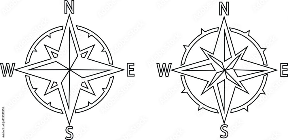 Compass icons set. Monochrome navigational compass with cardinal directions of North, East, South, West. Geographical position, cartography and navigation. Wind rose vector line collection. - obrazy, fototapety, plakaty 